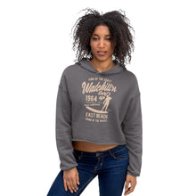 Load image into Gallery viewer, Watchill&#39;n &#39;Surf&#39;s Up&#39; - Women&#39;s Cropped Fleece Hoodie (Tan) - Watch Hill RI t-shirts with vintage surfing and motorcycle designs.