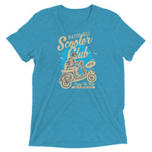 Load image into Gallery viewer, Watchill’n ‘Scooter Club’ Unisex Short Sleeve t-shirt (Creme/Cyan) - Watch Hill RI t-shirts with vintage surfing and motorcycle designs.