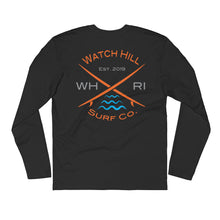 Load image into Gallery viewer, Watch Hill &#39;Surf Co.’ Premium Long Sleeve Fitted Crew (Orange/Grey/Cyan) - Watch Hill RI t-shirts with vintage surfing and motorcycle designs.