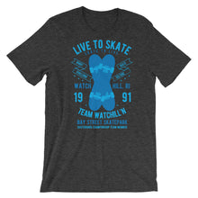 Load image into Gallery viewer, Watchill&#39;n &#39;Live to Skate&#39; - Short-Sleeve Unisex T-Shirt (Lt. Blue/Blue) - Watchill&#39;n