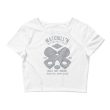 Load image into Gallery viewer, Watchill’n ‘Built Not Bought’ - Women’s Crop Tee (Grey) - Watch Hill RI t-shirts with vintage surfing and motorcycle designs.