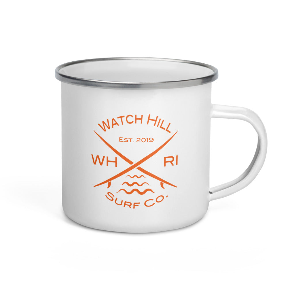 Watch Hill Surf Co. 'Crossed Boards' Enamel Mug (Orange) - Watch Hill RI t-shirts with vintage surfing and motorcycle designs.